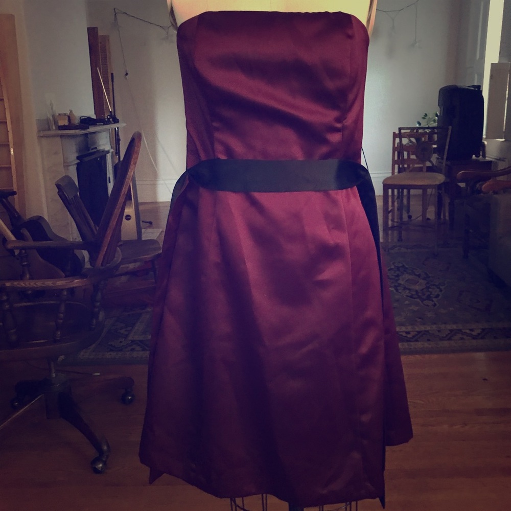 Robin Jordan burgundy strapless satin formal dress